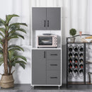 Modern Kitchen Buffet with Hutch Pantry Storage,2 Cabinets, 3 Drawers and Open Countertop, Grey Microwave, 60L x 40W x 150H cm, Grey and Whit