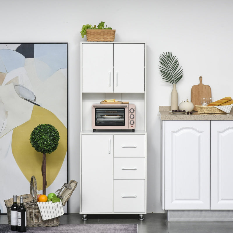 Modern Kitchen Buffet with Hutch Pantry Storage,2 Cabinets, 3 Drawers and Open Countertop, 60L x 40W x 150H cm, White