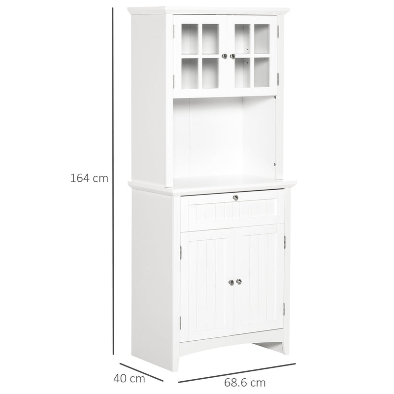 Kitchen Buffet and Hutch Wooden Storage Cupboard with Framed Glass Door, Drawer, Microwave Space for Dining and Living Room, 68.6W x 40D x 164Hcm, White