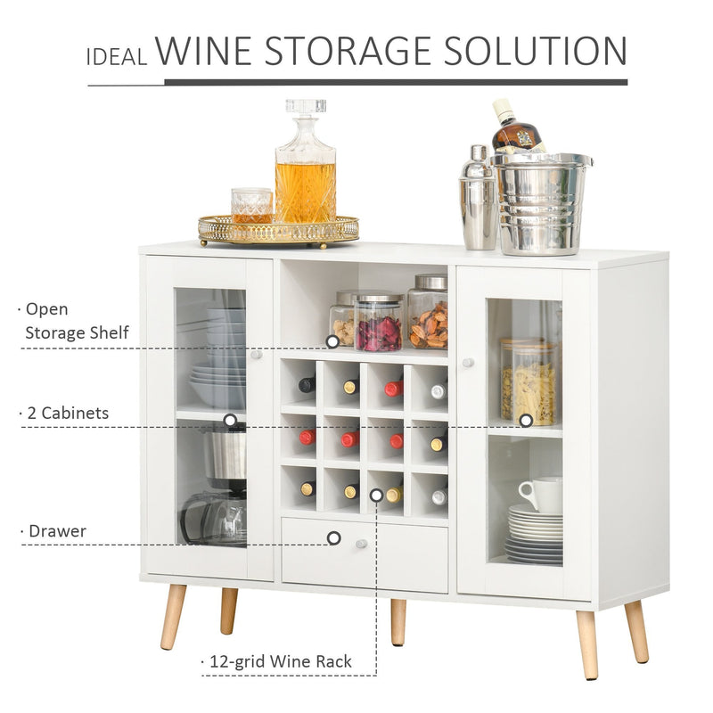 Modern Sideboard Storage Cabinet Kitchen Cupboard with Glass Doors, Drawer & 12-Bottle Wine Rack - White