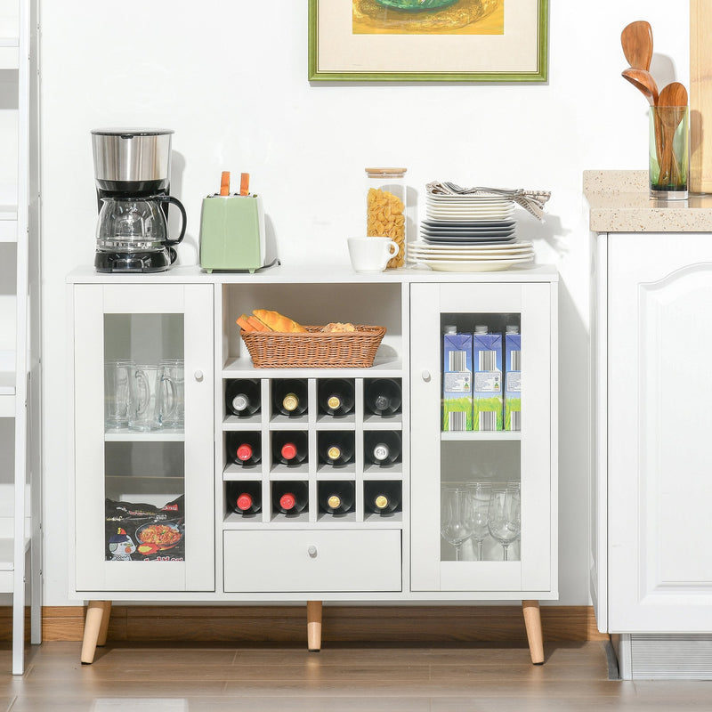 Modern Sideboard Storage Cabinet Kitchen Cupboard with Glass Doors, Drawer & 12-Bottle Wine Rack - White