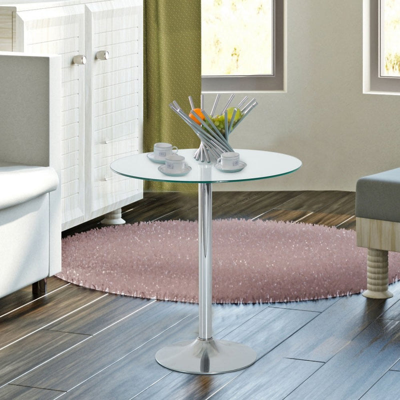 Round Bar Table W/ Glass Top-Transparent Glass, Silver