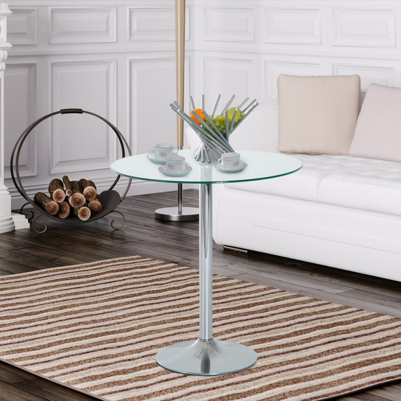 Round Bar Table W/ Glass Top-Transparent Glass, Silver