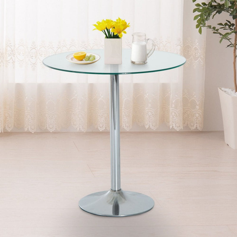 Round Bar Table W/ Glass Top-Transparent Glass, Silver