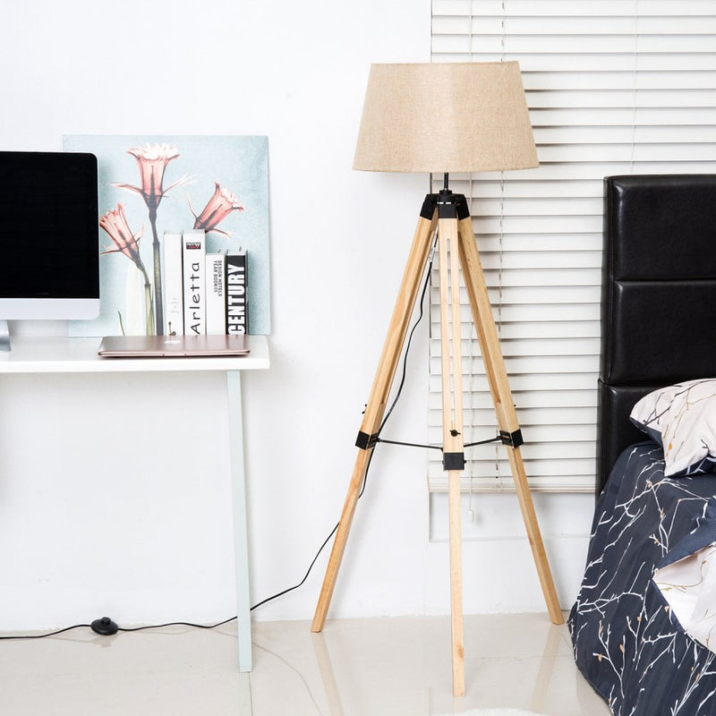 HOMCOM Tripod Floor Lamp Wooden Adjustable Modern Illumination Design E27 Bulb Compatible (Cream Shade) 99-143H