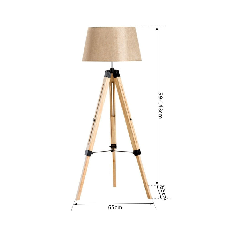 HOMCOM Tripod Floor Lamp Wooden Adjustable Modern Illumination Design E27 Bulb Compatible (Cream Shade) 99-143H