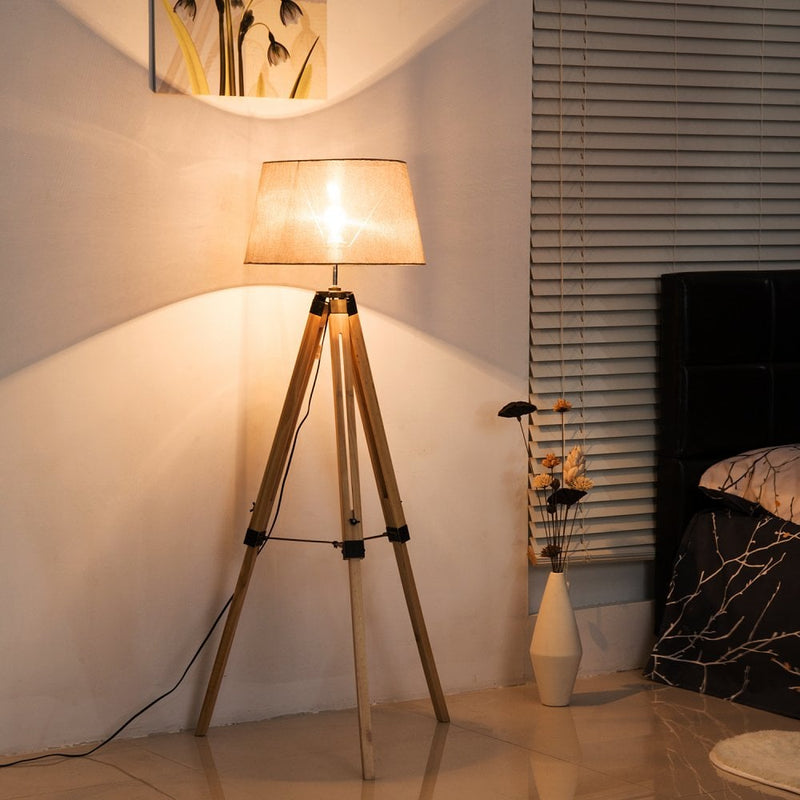 HOMCOM Tripod Floor Lamp Wooden Adjustable Modern Illumination Design E27 Bulb Compatible (Cream Shade) 99-143H