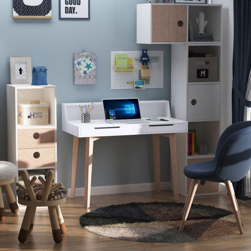 Computer Desk Retro Style Side Console Writing Table Study Workstation W/2 Drawers Storage Shelves & Solid Wood Legs-White