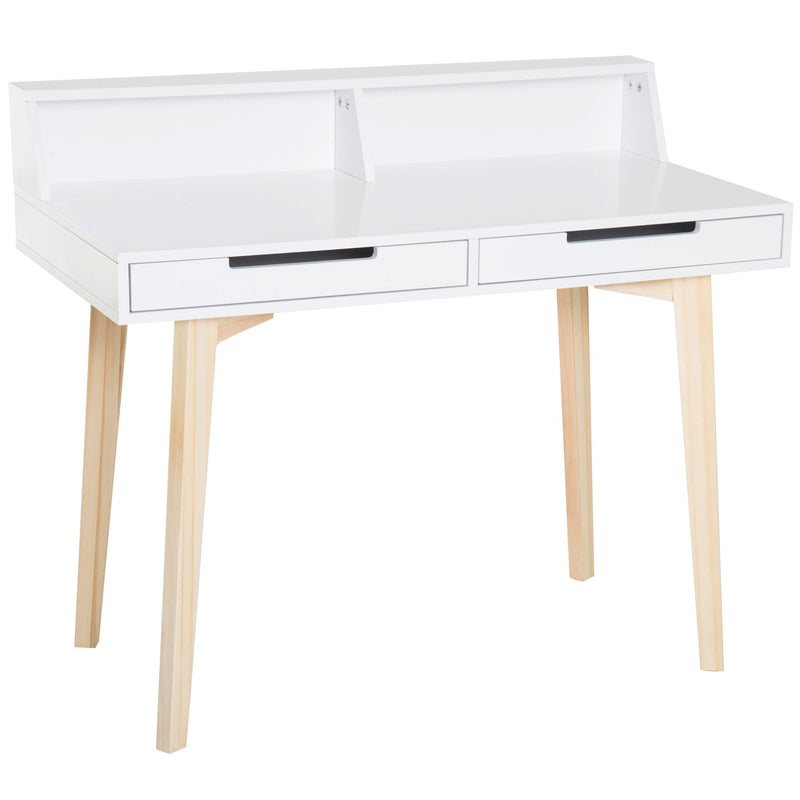 Computer Desk Retro Style Side Console Writing Table Study Workstation W/2 Drawers Storage Shelves & Solid Wood Legs-White