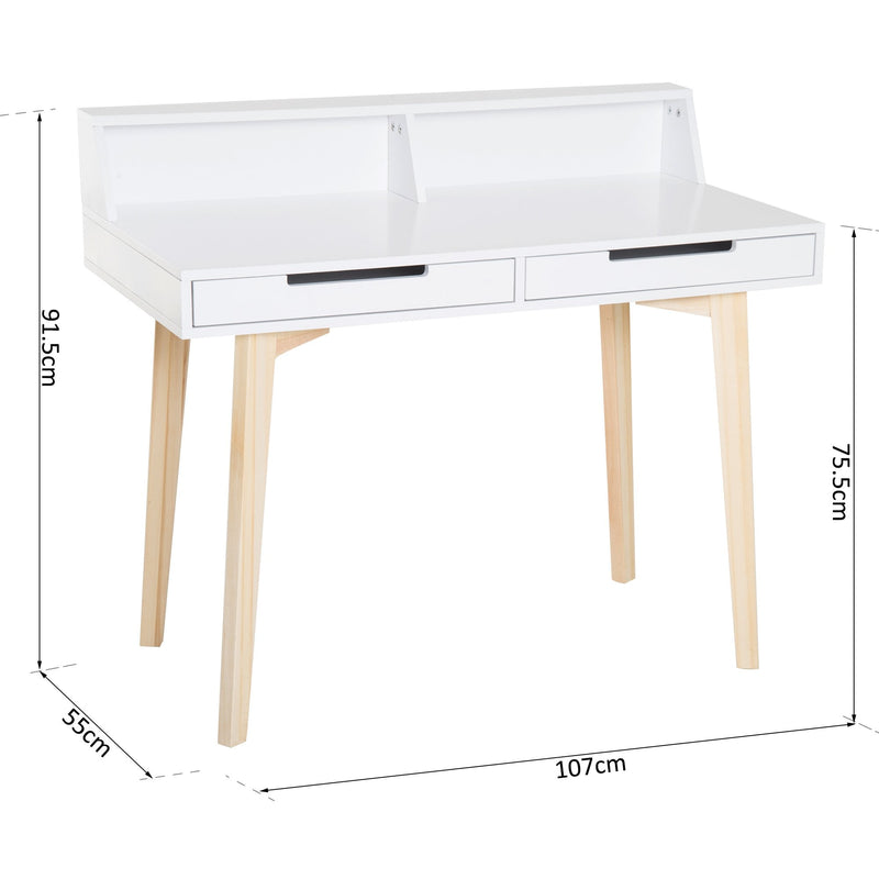 Computer Desk Retro Style Side Console Writing Table Study Workstation W/2 Drawers Storage Shelves & Solid Wood Legs-White
