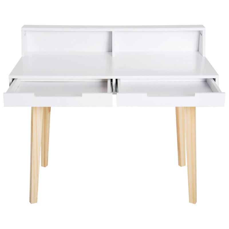 Computer Desk Retro Style Side Console Writing Table Study Workstation W/2 Drawers Storage Shelves & Solid Wood Legs-White