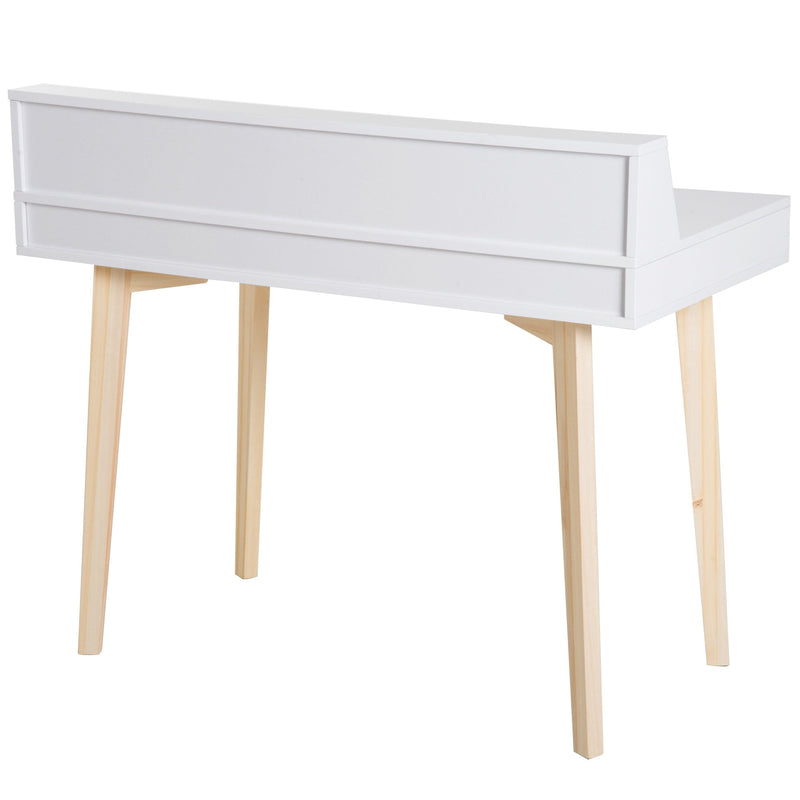 Computer Desk Retro Style Side Console Writing Table Study Workstation W/2 Drawers Storage Shelves & Solid Wood Legs-White