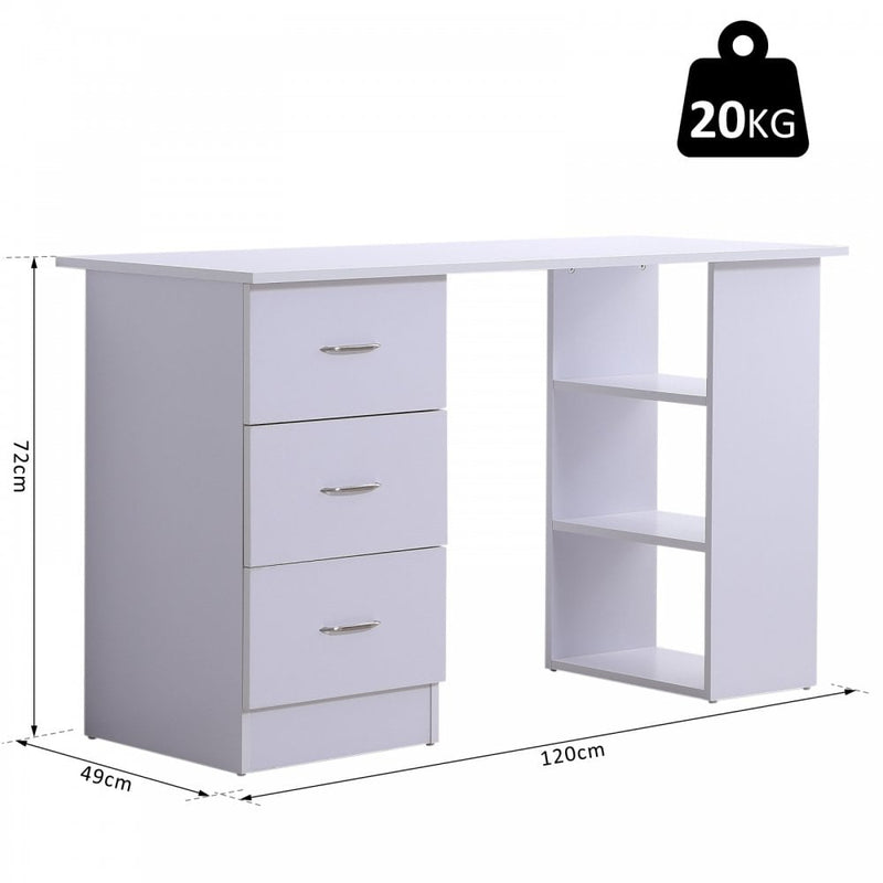 HOMCOM 120cm Computer Desk Writing Table PC Workstation Study Laptop Stationery w/ 3 Shelf & Drawers White