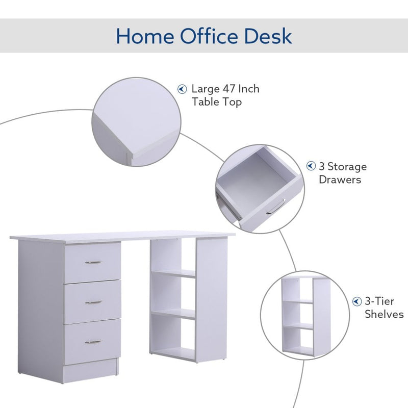 HOMCOM 120cm Computer Desk Writing Table PC Workstation Study Laptop Stationery w/ 3 Shelf & Drawers White