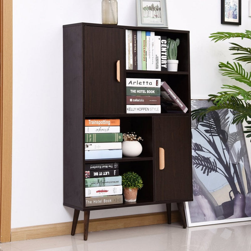 Free Standing Bookcase Shelves W/ Two Doors, 80L x 23.5W x 123Hcm-Walnut