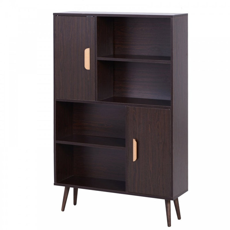Free Standing Bookcase Shelves W/ Two Doors, 80L x 23.5W x 123Hcm-Walnut