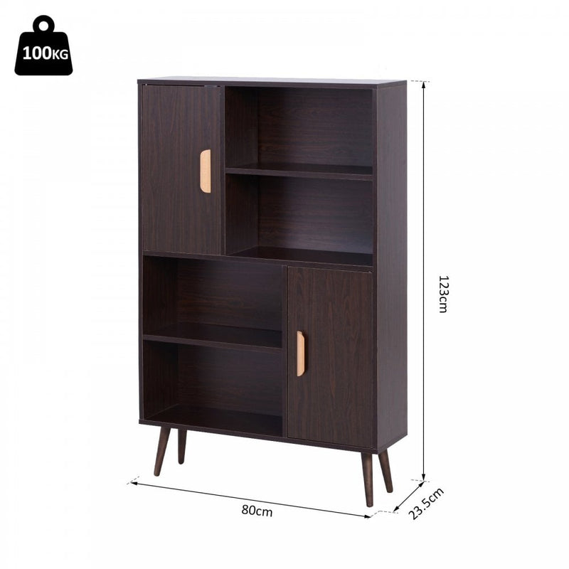 Free Standing Bookcase Shelves W/ Two Doors, 80L x 23.5W x 123Hcm-Walnut