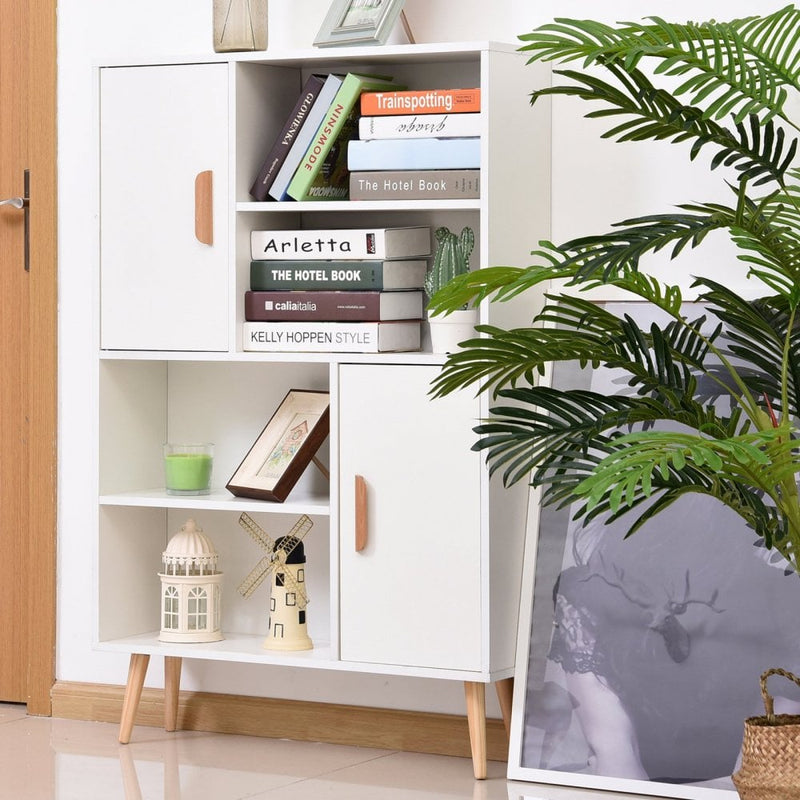 Free Standing Bookcase Shelves W/ Two Doors, 80L x 23.5W x 123Hcm - White