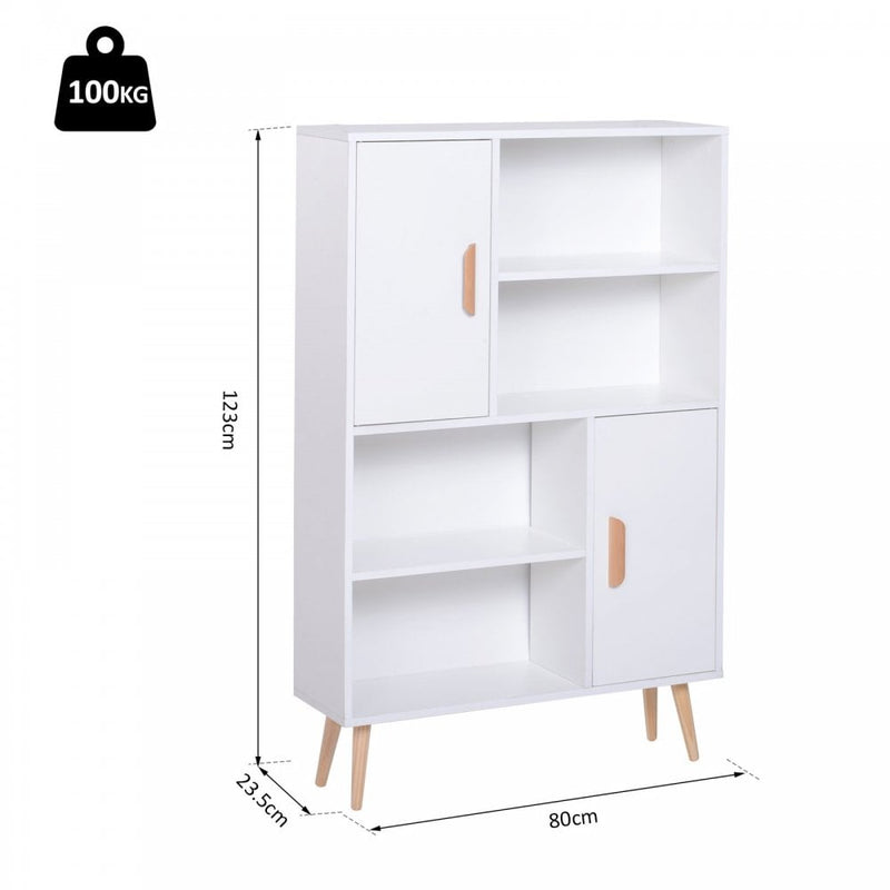 Free Standing Bookcase Shelves W/ Two Doors, 80L x 23.5W x 123Hcm - White