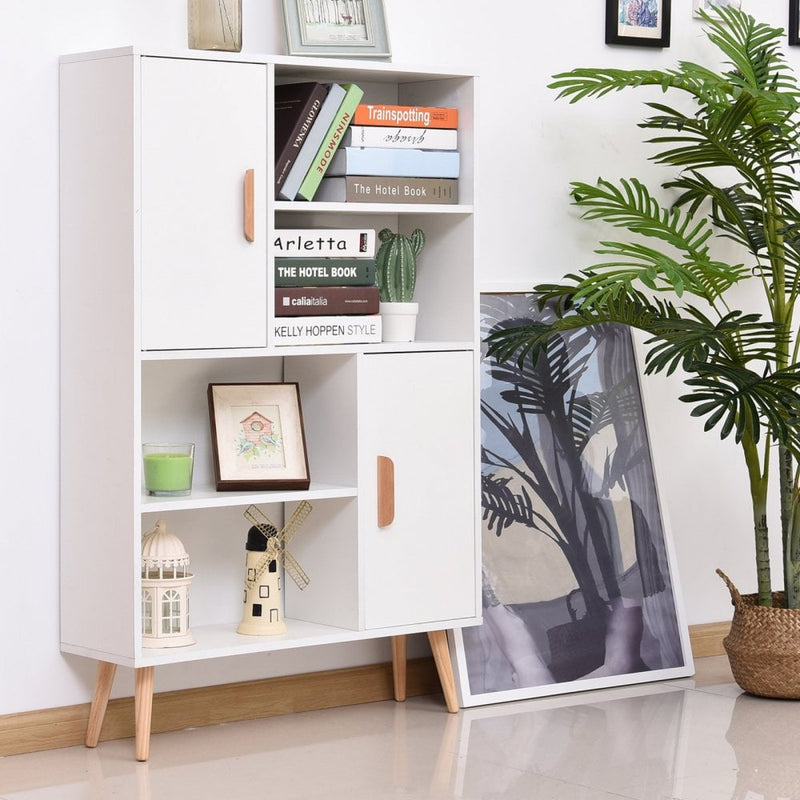 Free Standing Bookcase Shelves W/ Two Doors, 80L x 23.5W x 123Hcm - White