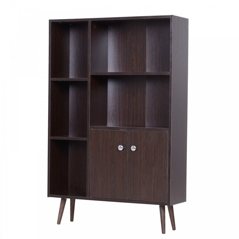 Open Bookcase Cabinet Shelves W/ Two Doors, 80W x 23.5D x 118Hcm-Walnut