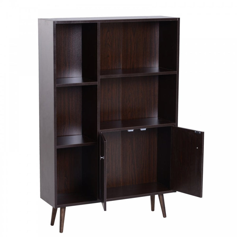 Open Bookcase Cabinet Shelves W/ Two Doors, 80W x 23.5D x 118Hcm-Walnut