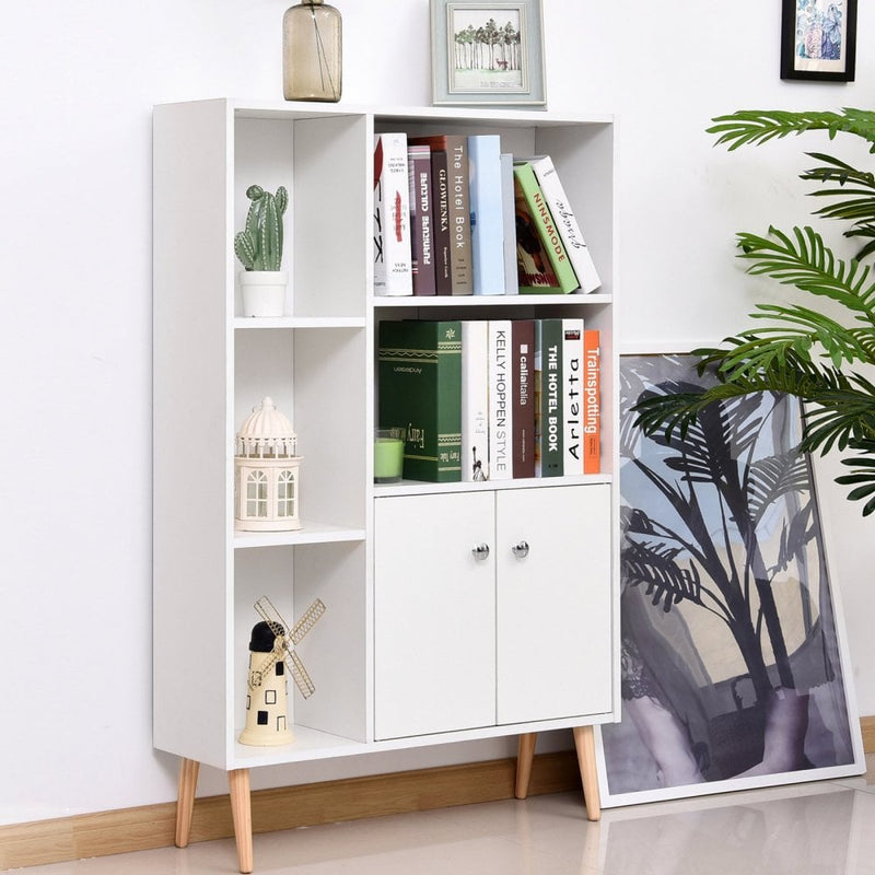 Open Bookcase Cabinet Shelves W/ Two Doors, 80W x 23.5D x 118Hcm-White