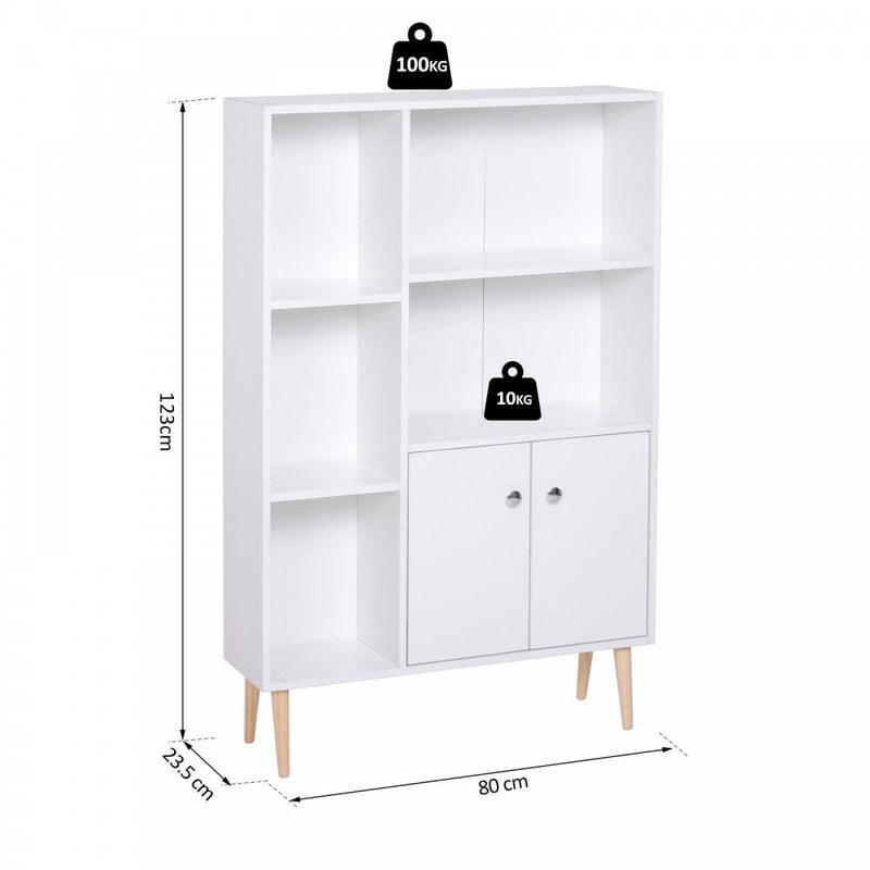 Open Bookcase Cabinet Shelves W/ Two Doors, 80W x 23.5D x 118Hcm-White