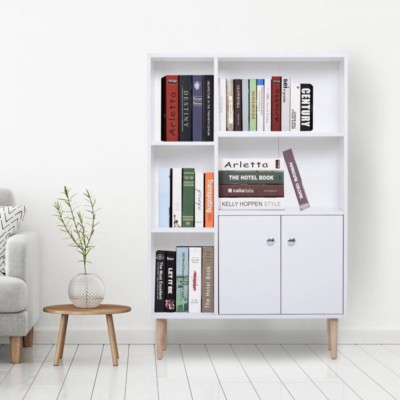 Open Bookcase Cabinet Shelves W/ Two Doors, 80W x 23.5D x 118Hcm-White
