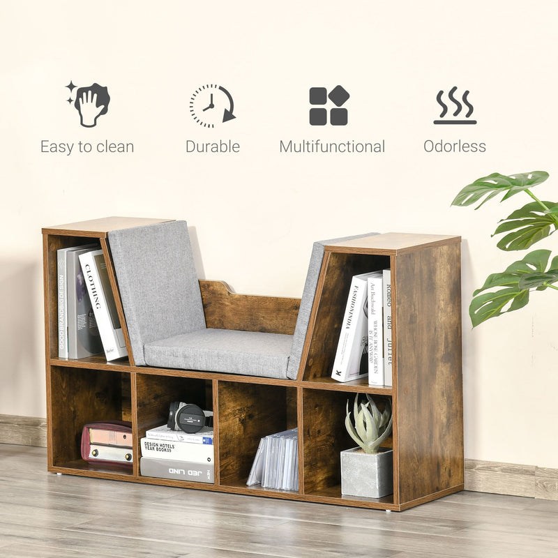 Bookcase Shelf Storage Seat with Cushion Sideboard Kids Children Reading Bedroom Living Room Organizer Rustic Brown Unit Adults Six Cubes Organiser