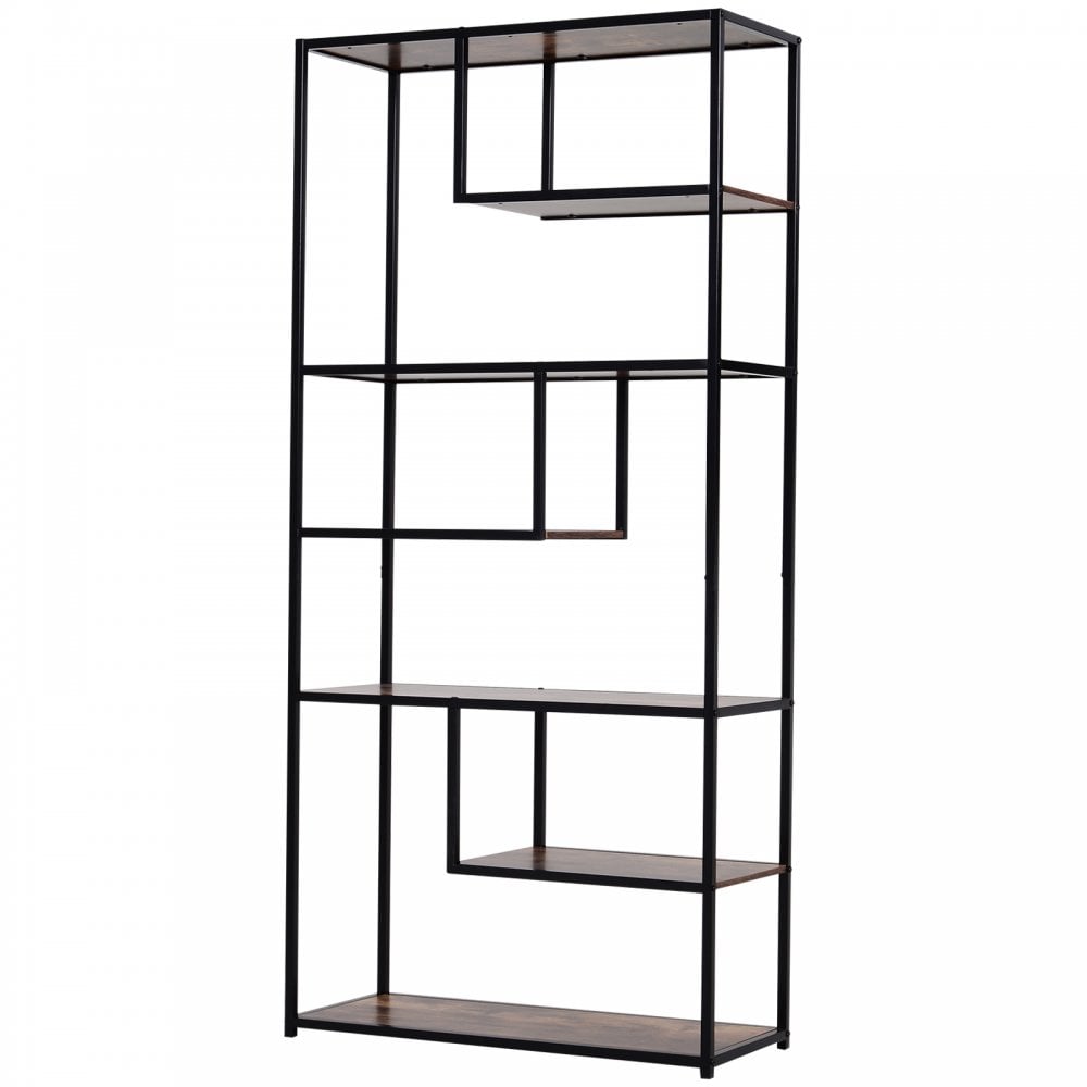 Stagger Display Rack Steel Frame 6 Tier Staggered Display Shelf Black/Brown
