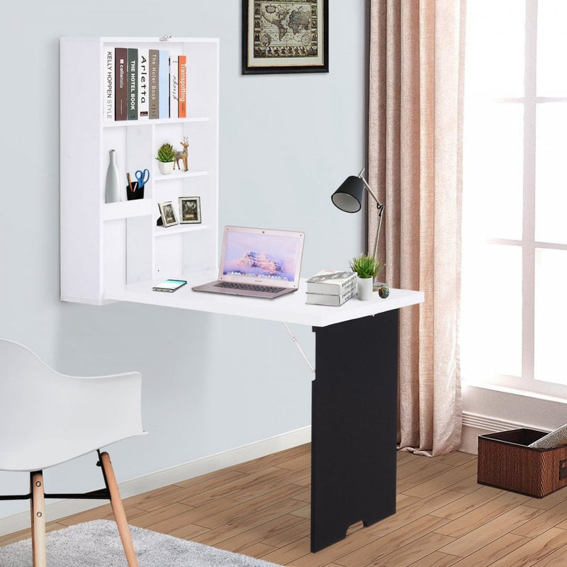 MDF Folding Wall-Mounted Drop-Leaf Table with Chalkboard Shelf - White