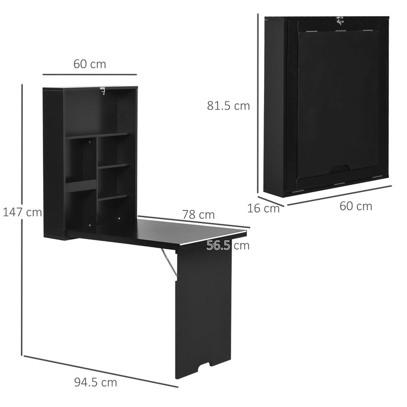 Folding Wall-Mounted Drop-Leaf Table With Chalkboard Shelf Multifunction - Black