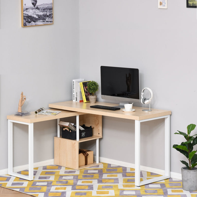 360 Degree Rotating Corner Desk L-Shaped PC Workstation Student Writing Table with Storage Shelf Home Office Oak Tone Computer