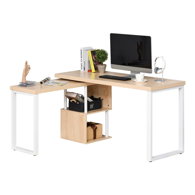 360 Degree Rotating Corner Desk L-Shaped PC Workstation Student Writing Table with Storage Shelf Home Office Oak Tone Computer