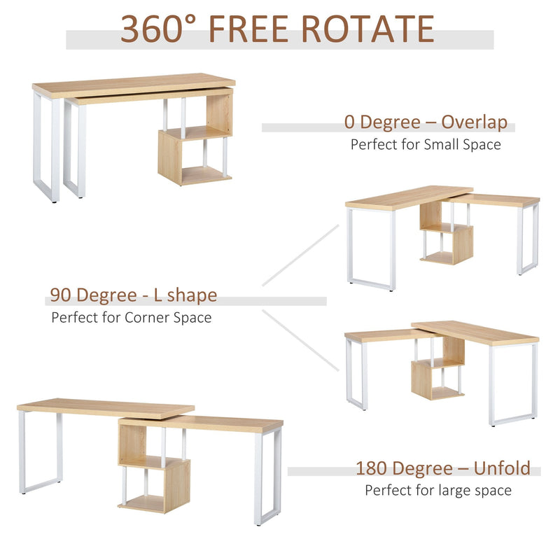 360 Degree Rotating Corner Desk L-Shaped PC Workstation Student Writing Table with Storage Shelf Home Office Oak Tone Computer