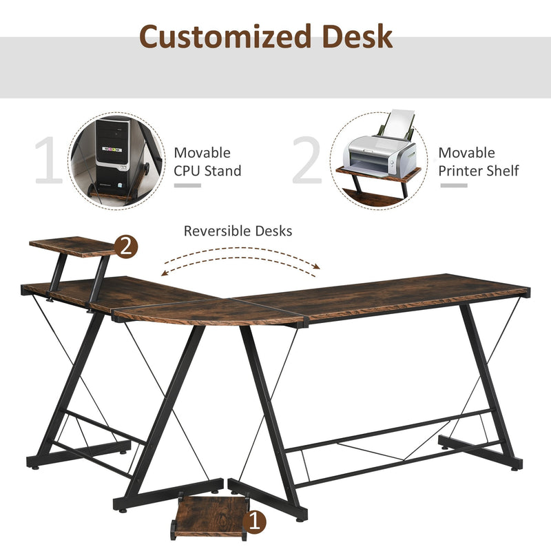 L Shaped Desk Round Corner Computer Gaming Table Workstation with Storage Shelf , CPU Stand for Home Office Industrial