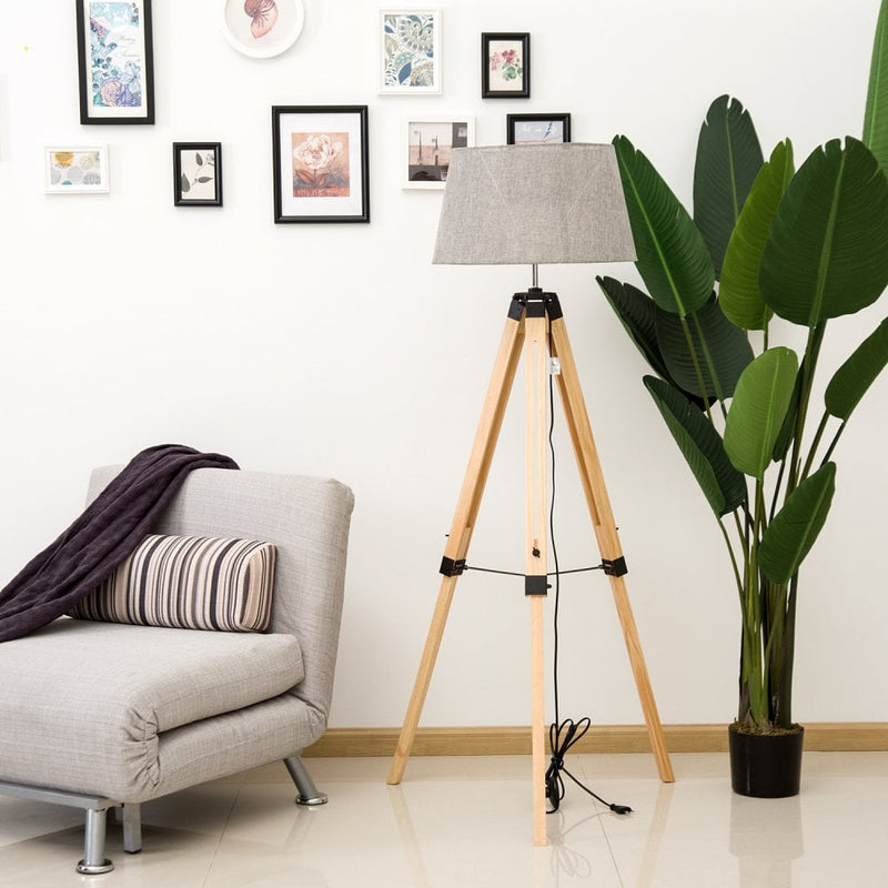 HOMCOM Tripod Floor Lamp Wooden Adjustable Modern Illumination Design E27 Bulb Compatible (Grey Shade) 99-143H