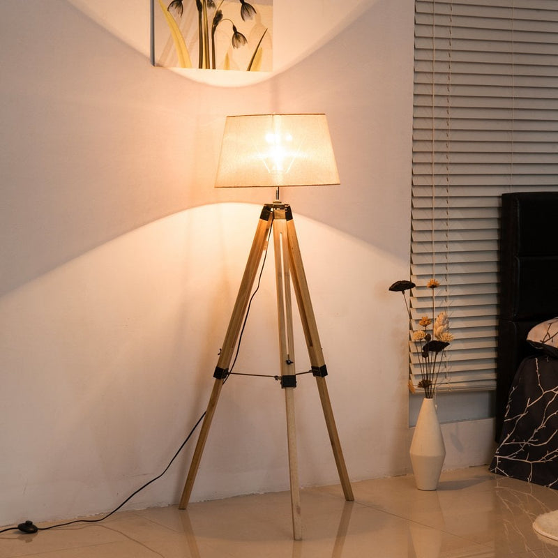 HOMCOM Tripod Floor Lamp Wooden Adjustable Modern Illumination Design E27 Bulb Compatible (Grey Shade) 99-143H