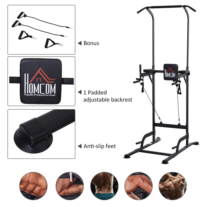 Pull Up Tower Multi-Function Power Tower Black Height Adjustable Abs Dip Station  Home Gym Strength Training Fitness Equipment