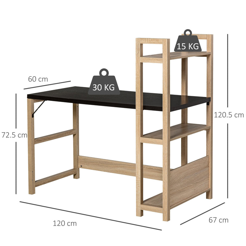 Rectangle Desk with 3-Tier Book Shelf Wide Display Table for Home Study, Office, Black Wood Grain