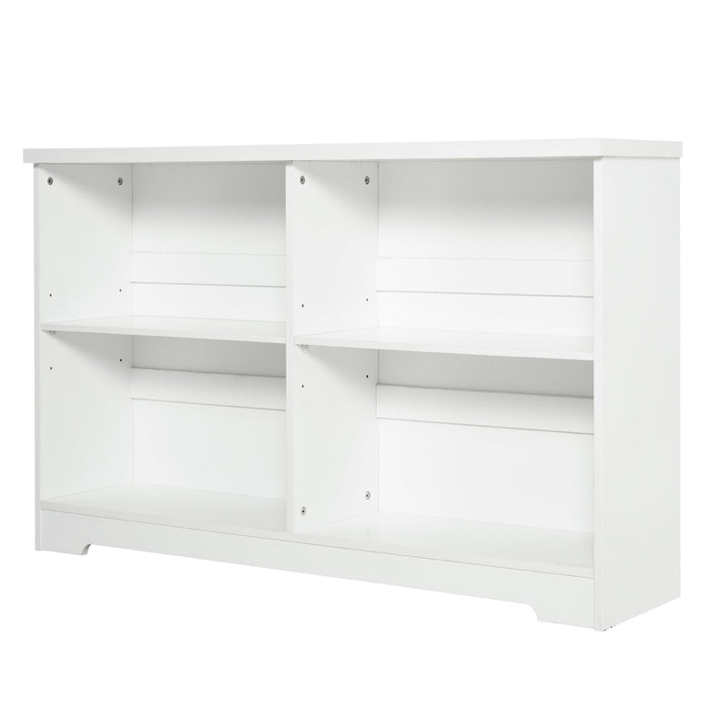 Contemporary 2-Tier Low Bookcase, Wooden 4 Cube Shelving Display Storage Unit Office Living Room Furniture with Adjustable Shelf, White 4-Cube Shelf for