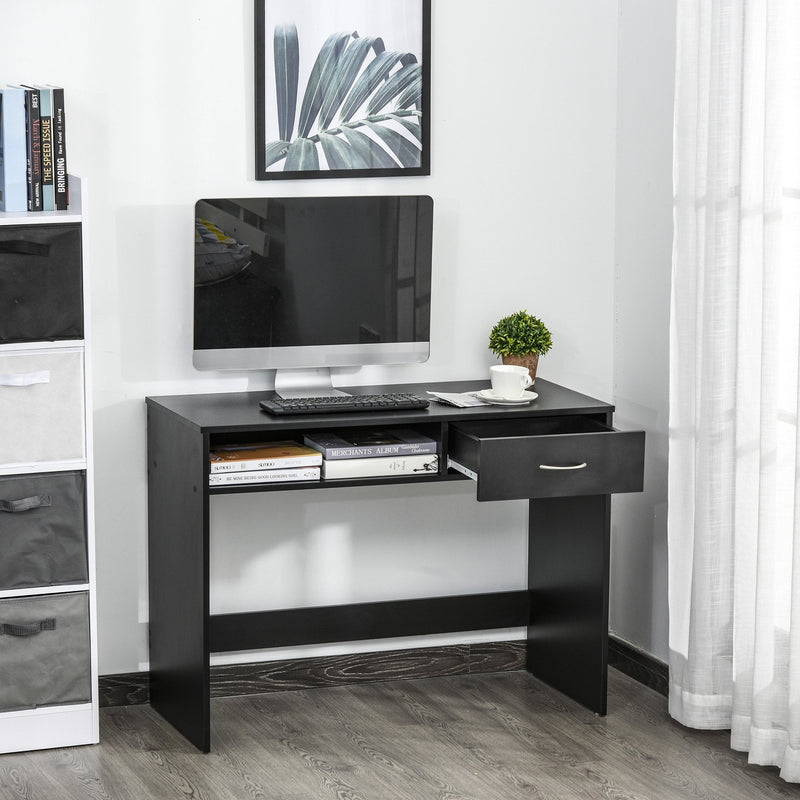 Computer Desk Study Standing Writing Table Workstation with Storage Shelf & Drawer, Black Drawer for Home Office