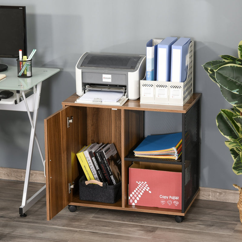 Printer Stand Home Office Mobile Storge File Cabinet Organizer with Castors, Door, Walnut Brown Storage Door