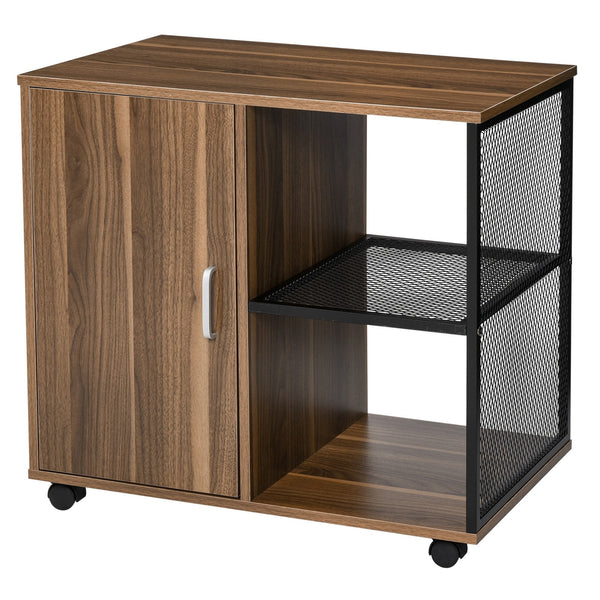 Printer Stand Home Office Mobile Storge File Cabinet Organizer with Castors, Door, Walnut Brown Storage Door