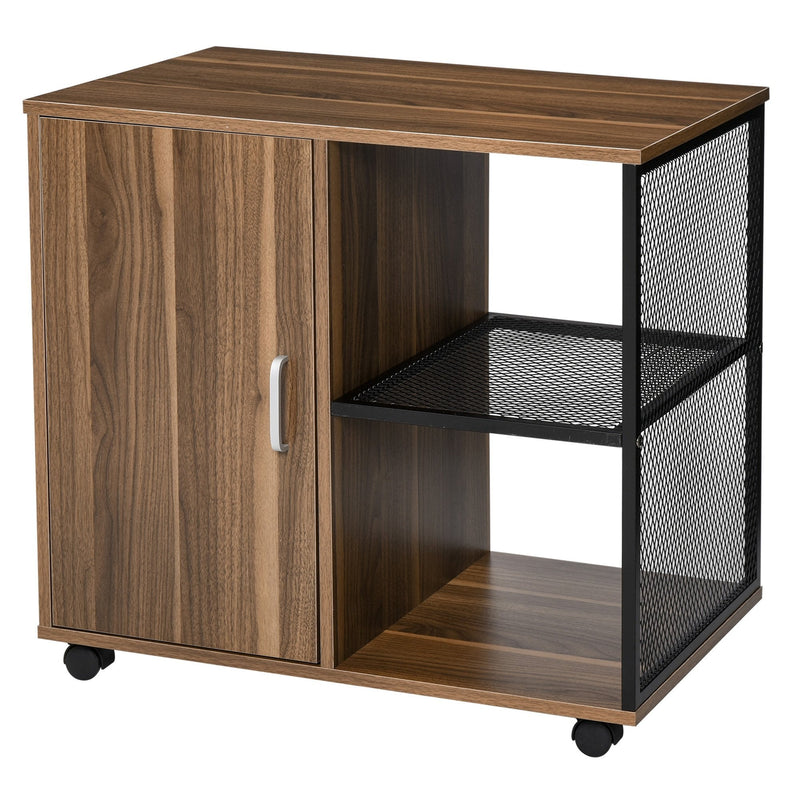 Printer Stand Home Office Mobile Storge File Cabinet Organizer with Castors, Door, Walnut Brown Storage Door