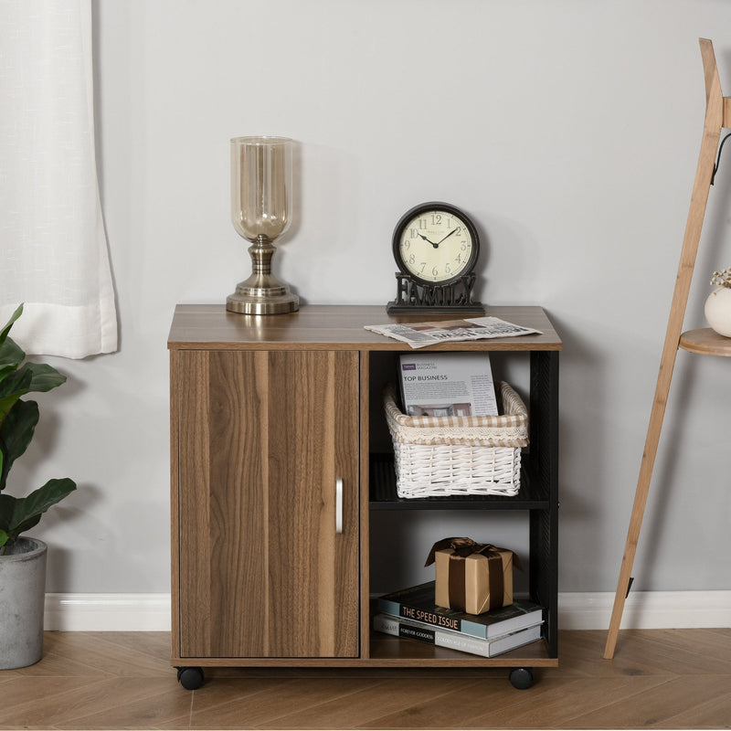 Printer Stand Home Office Mobile Storge File Cabinet Organizer with Castors, Door, Walnut Brown Storage Door