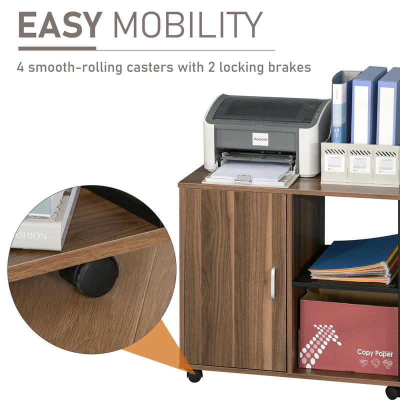 Printer Stand Home Office Mobile Storge File Cabinet Organizer with Castors, Door, Walnut Brown Storage Door