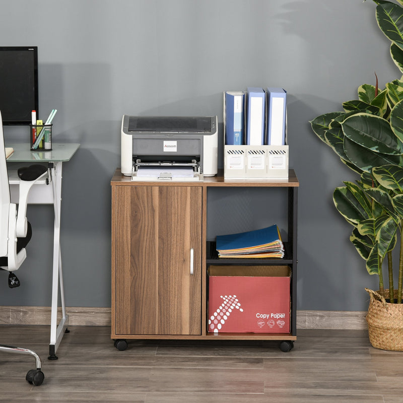 Printer Stand Home Office Mobile Storge File Cabinet Organizer with Castors, Door, Walnut Brown Storage Door