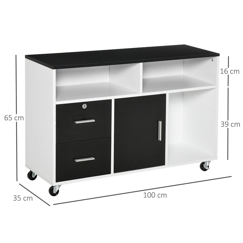 Printer Stand Home Office Mobile File Cabinet Organizer with Castors, Lockable Drawer, Black w/ Castor, Key